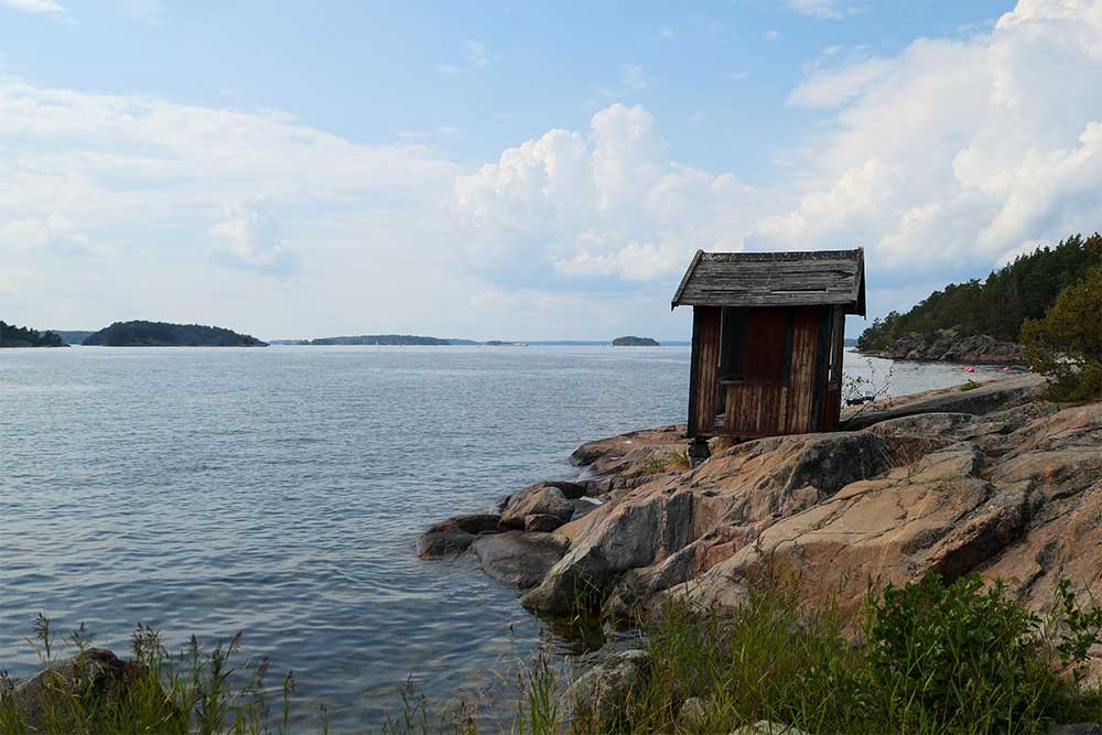 Utsiktsbild över kusten vid en sjö